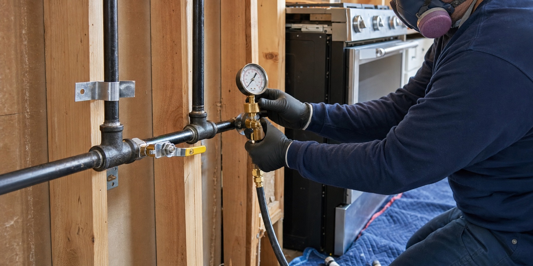 Gas piping professional pressure-testing a black iron line and shutoff