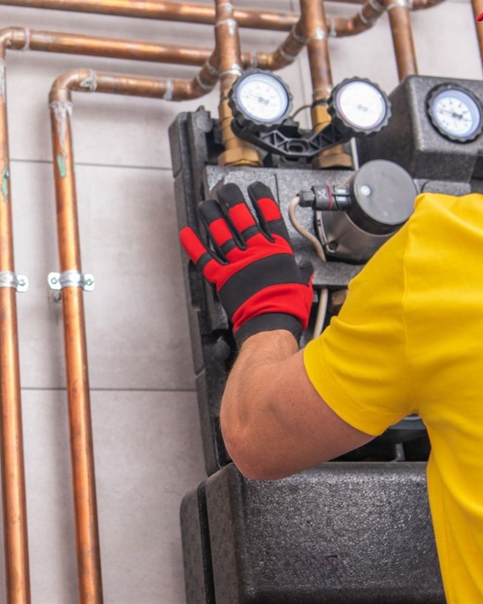 Plumber checking the air charge on a new thermal expansion tank in a Rockingham County home