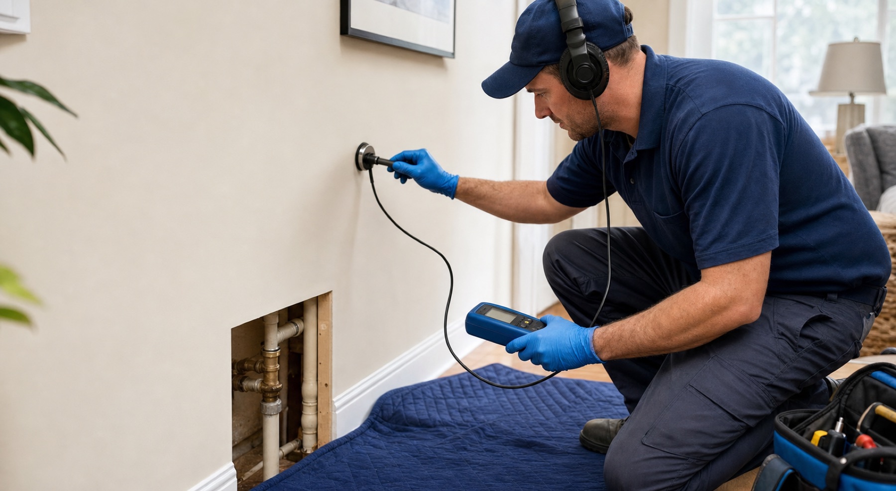 Technician using acoustic equipment to locate a concealed plumbing leak