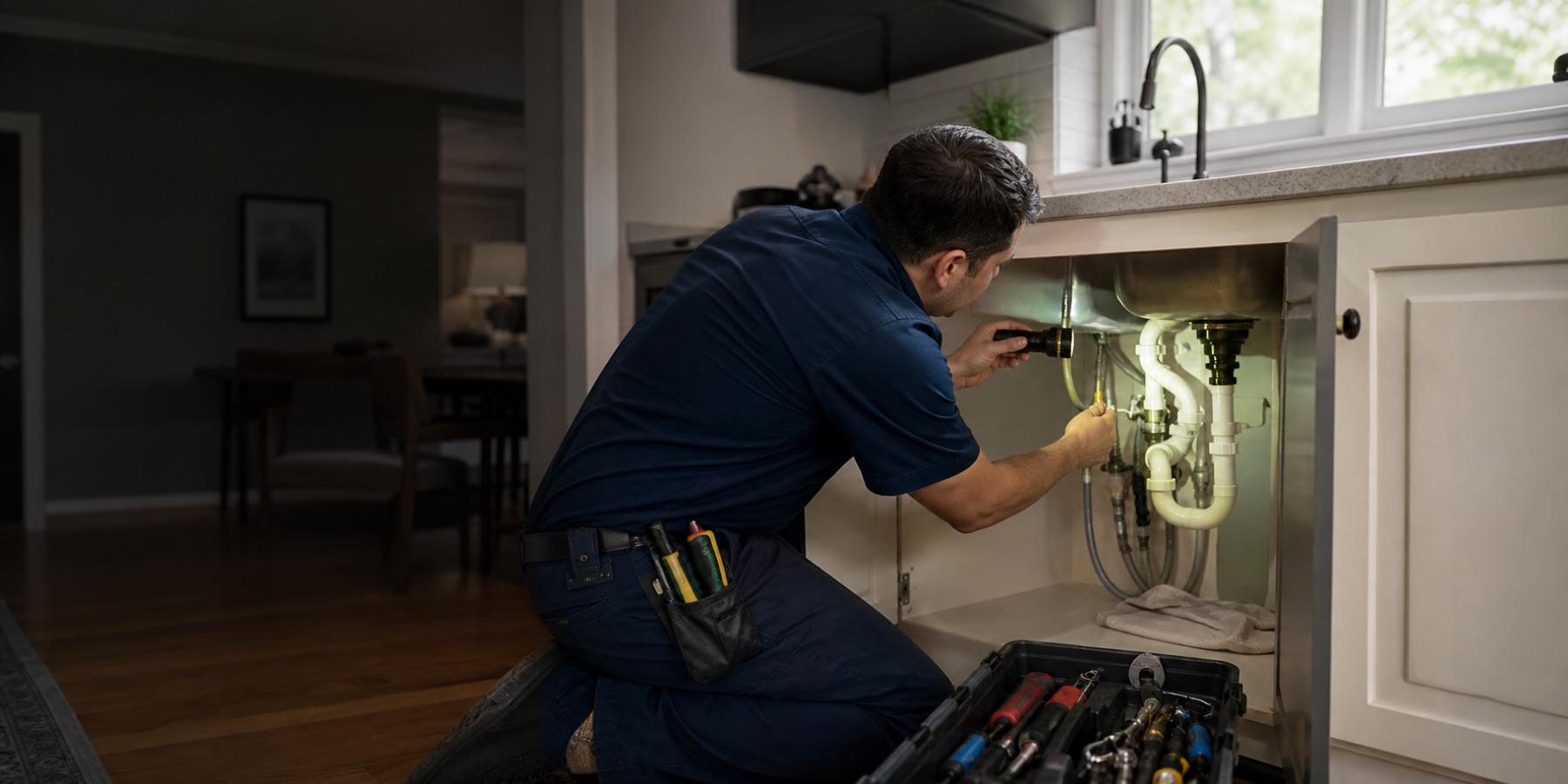 Plumbing professional inspecting kitchen sink supply and drain connections