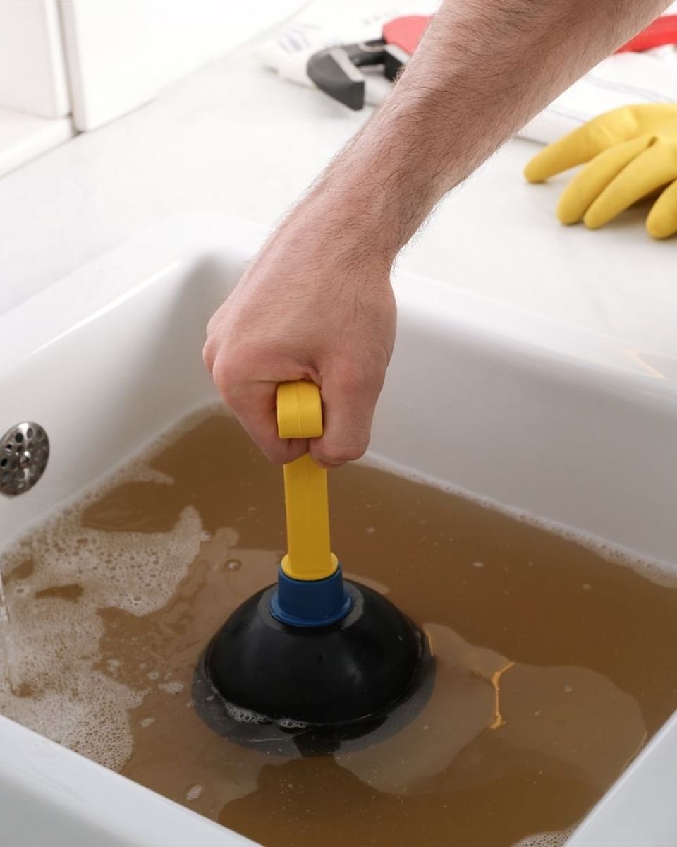 Standing water in a clogged kitchen sink before Central Piedmont Plumbing clears the drain