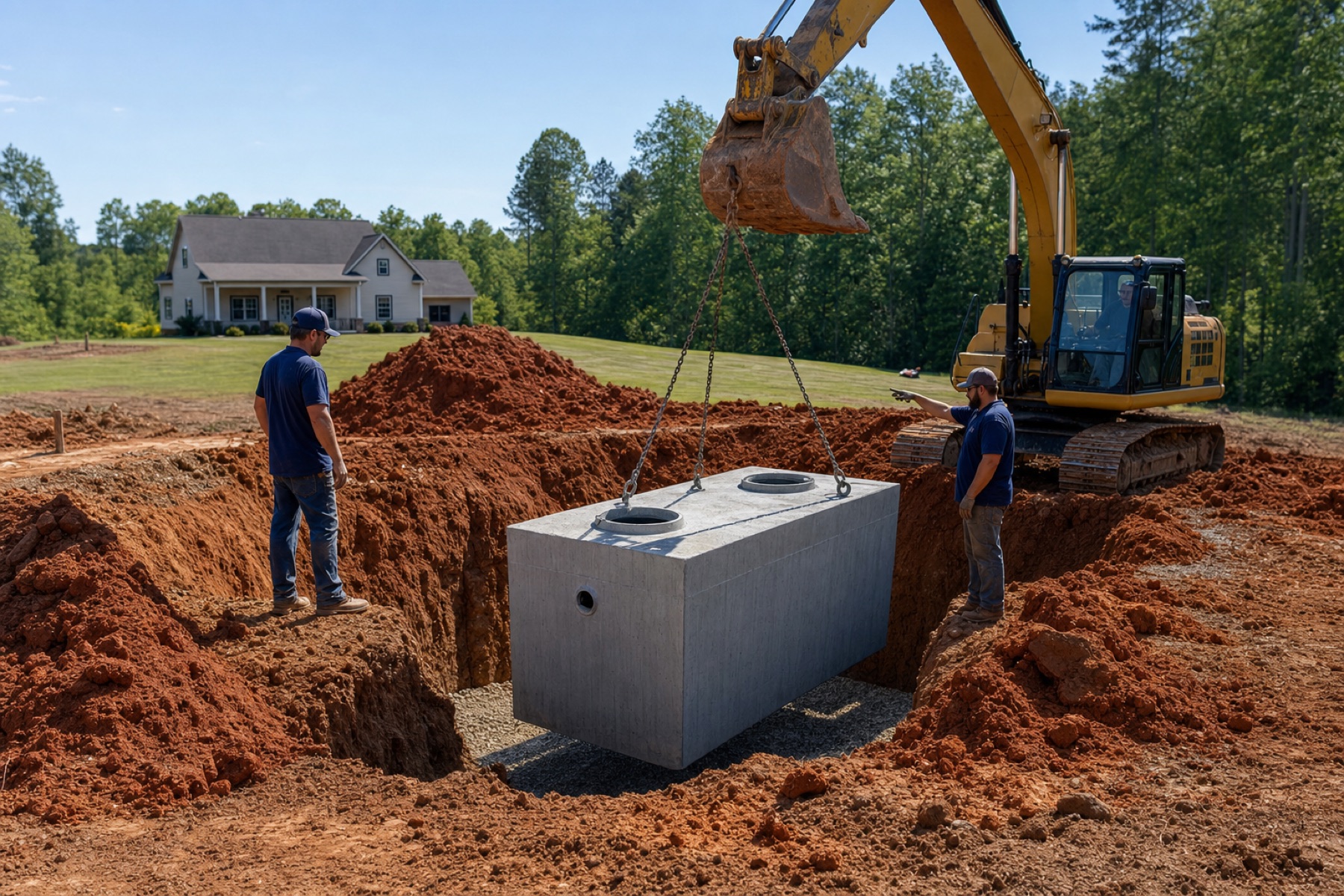 Crew positioning a precast septic tank in Piedmont red clay