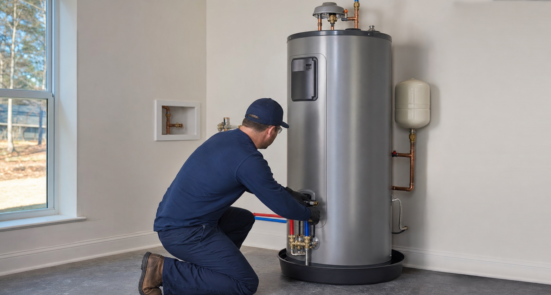 Plumbing professional connecting a residential tank water heater