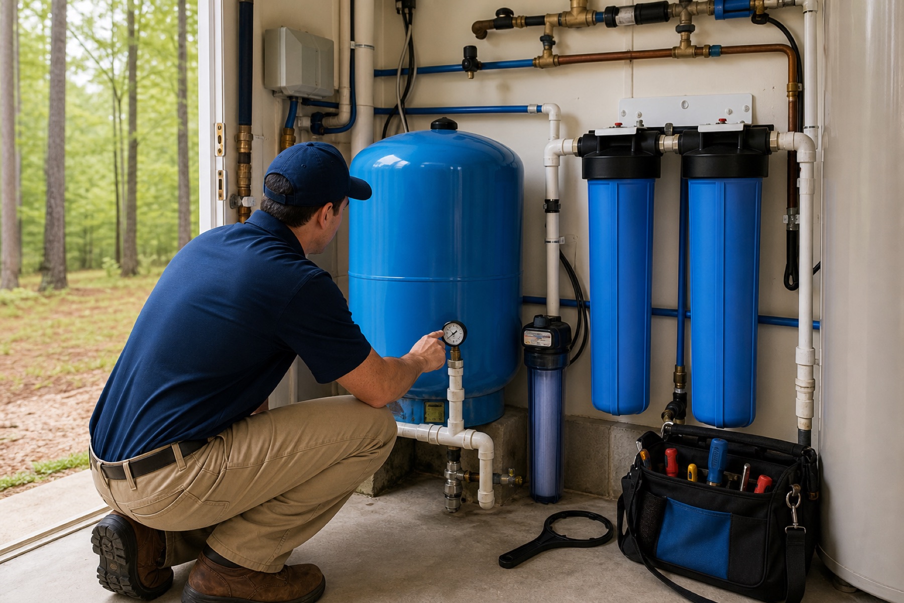 Well pressure tank and water filtration equipment being inspected